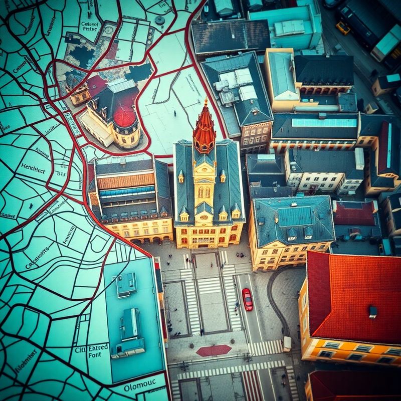 Detail mapy centra Olomouce s teplým azurovým nádechem